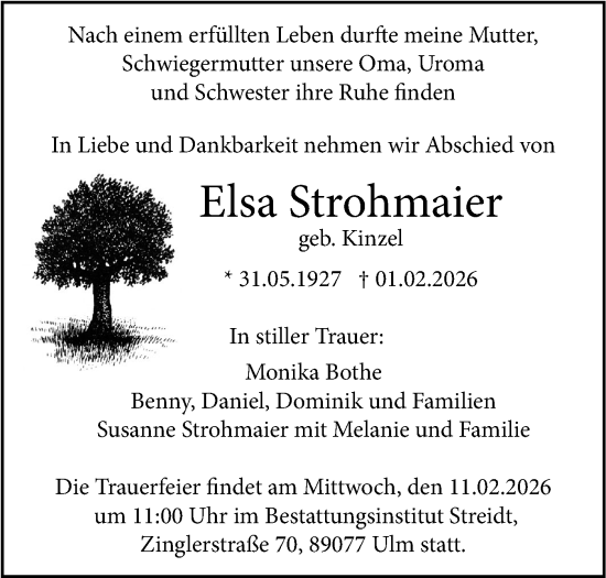 Traueranzeige von Elsa Strohmaier von SÜDWEST PRESSE Ausgabe Ulm/Neu-Ulm/Ehingen