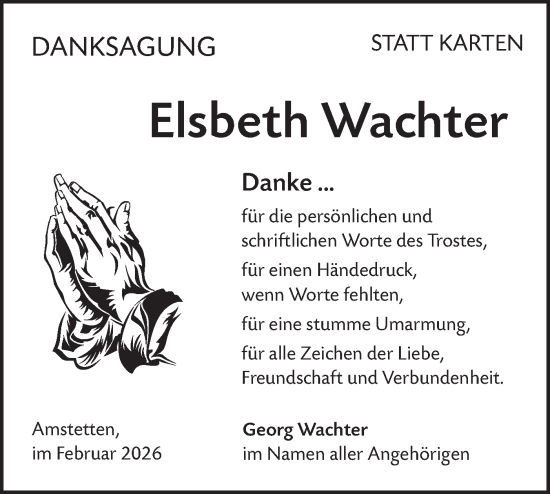 Traueranzeige von Elsbeth Wachter von SÜDWEST PRESSE Ausgabe Ulm/Neu-Ulm/Ehingen