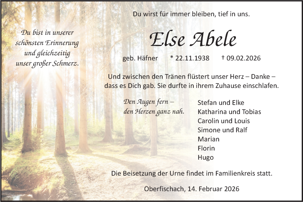  Traueranzeige für Else Abele vom 14.02.2026 aus Haller Tagblatt