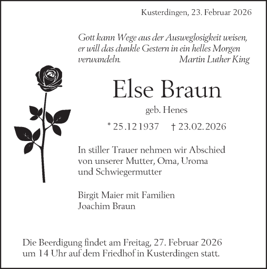 Traueranzeige von Else Braun von Schwäbische Tagblatt