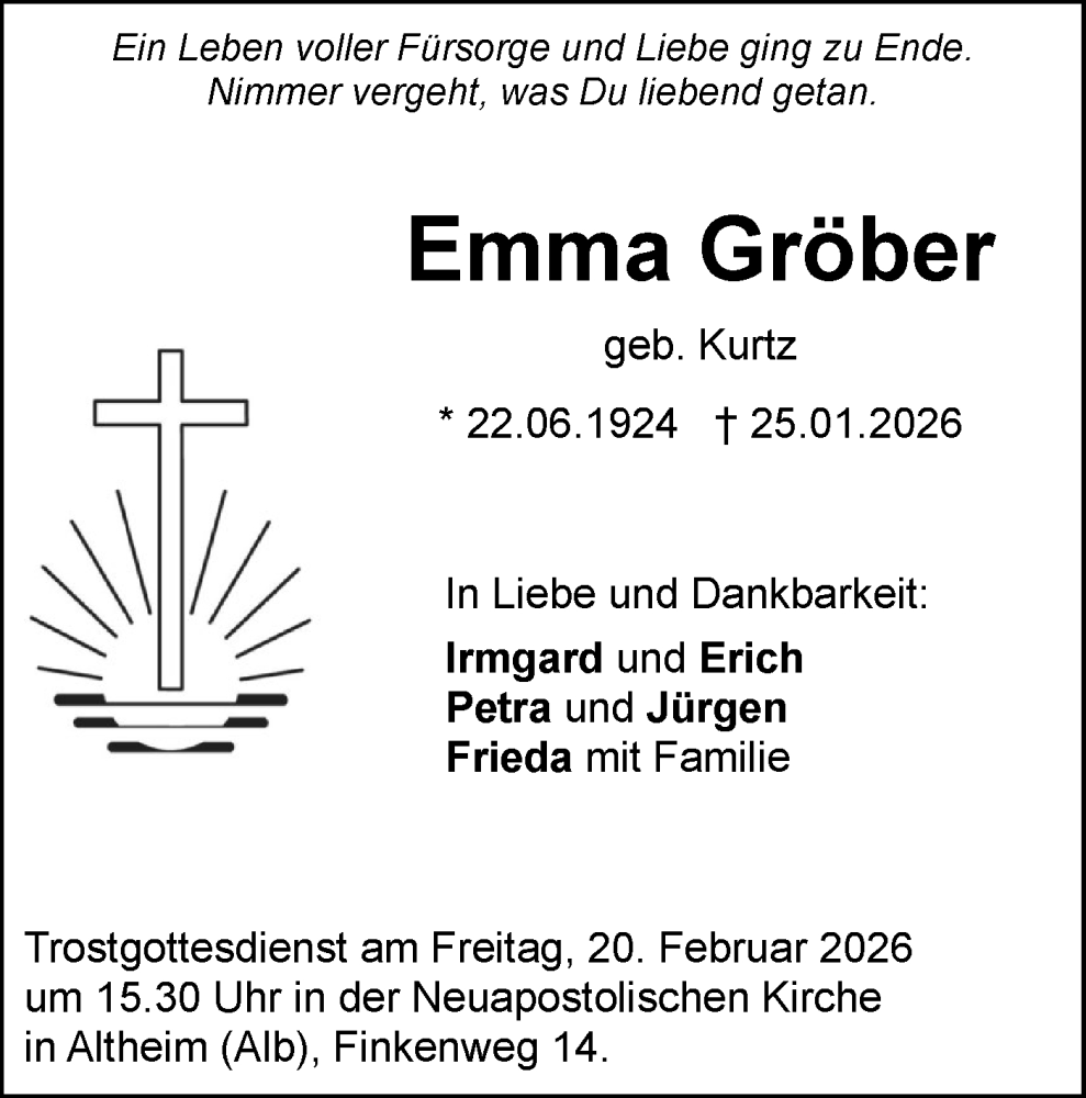  Traueranzeige für Emma Gröber vom 14.02.2026 aus SÜDWEST PRESSE Ausgabe Ulm/Neu-Ulm/Ehingen