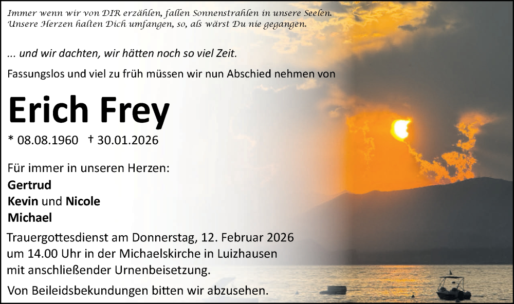  Traueranzeige für Erich Frey vom 07.02.2026 aus SÜDWEST PRESSE Ausgabe Ulm/Neu-Ulm/Ehingen