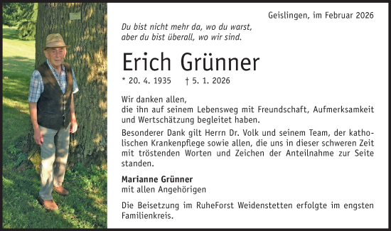 Traueranzeige von Erich Grünner von Geislinger Zeitung