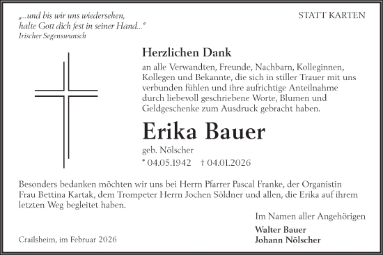 Traueranzeige von Erika Bauer von Hohenloher Tagblatt