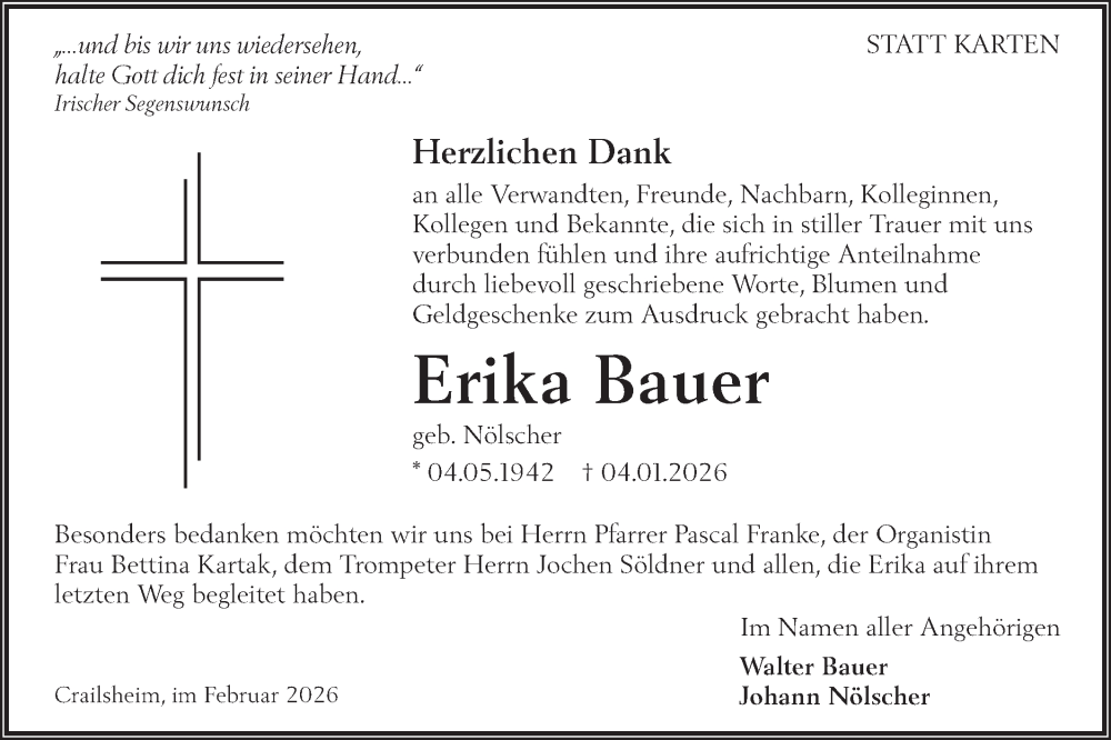  Traueranzeige für Erika Bauer vom 07.02.2026 aus Hohenloher Tagblatt