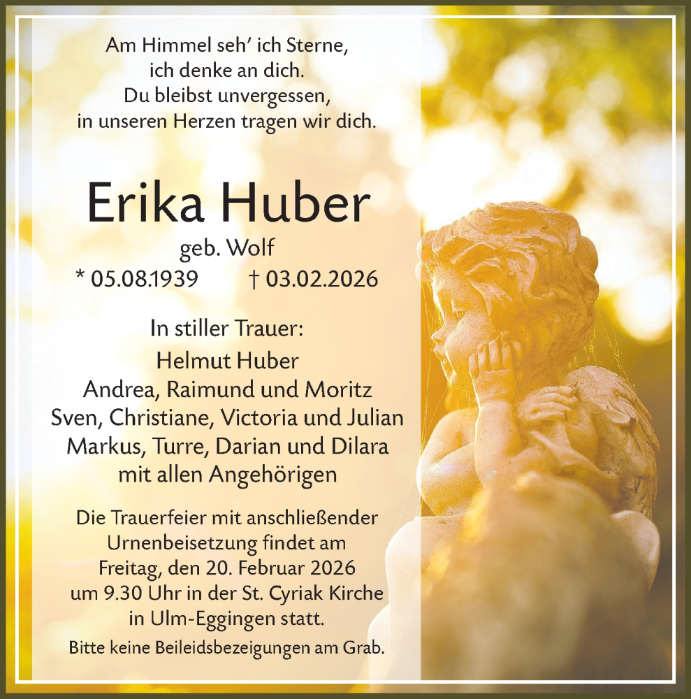  Traueranzeige für Erika Huber vom 14.02.2026 aus SÜDWEST PRESSE Ausgabe Ulm/Neu-Ulm/Ehingen
