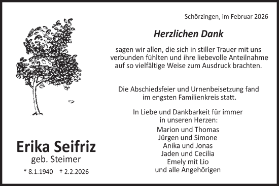 Traueranzeige von Erika Seifriz von SÜDWEST PRESSE Zollernalbkreis