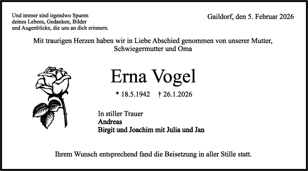  Traueranzeige für Erna Vogel vom 07.02.2026 aus Rundschau Gaildorf
