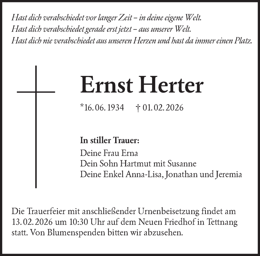  Traueranzeige für Ernst Herter vom 07.02.2026 aus Schwäbische Tagblatt