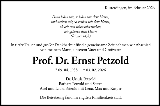 Traueranzeige von Ernst Petzold von Schwäbische Tagblatt