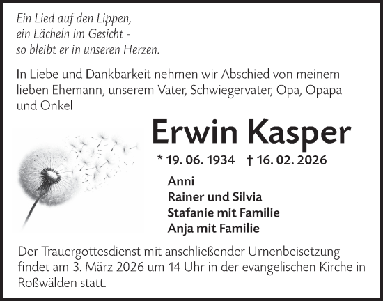 Traueranzeige von Erwin Kasper von NWZ Neue Württembergische Zeitung