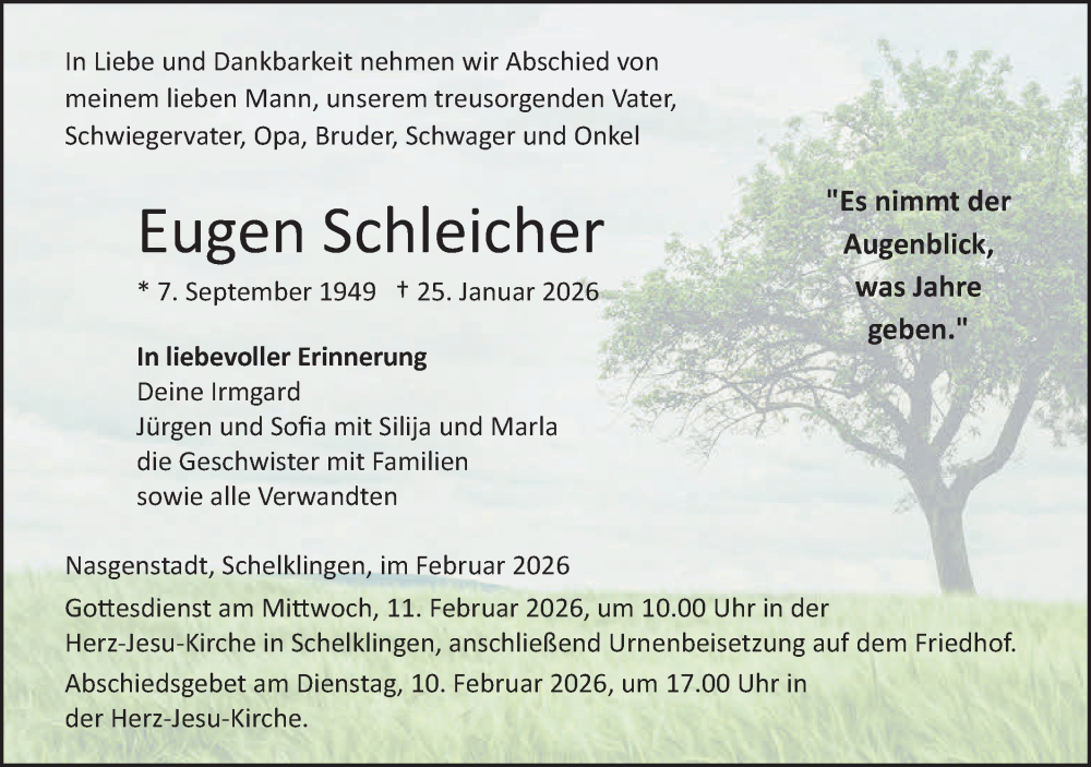  Traueranzeige für Eugen Schleicher vom 06.02.2026 aus Ehinger Tagblatt