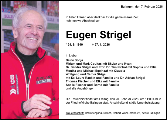 Traueranzeige von Eugen Strigel von SÜDWEST PRESSE Zollernalbkreis