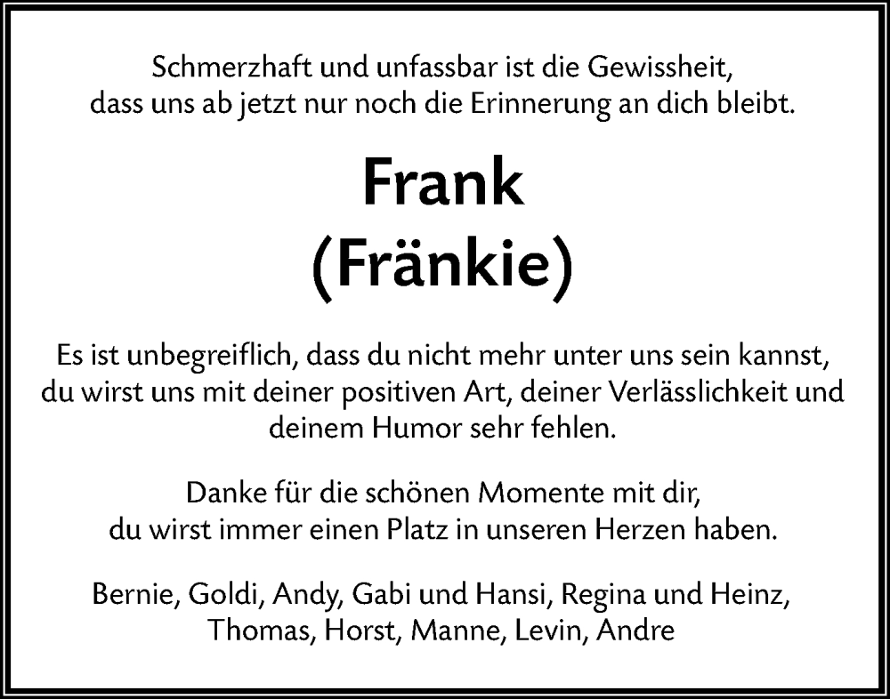  Traueranzeige für Frank  vom 14.02.2026 aus Hohenloher Tagblatt