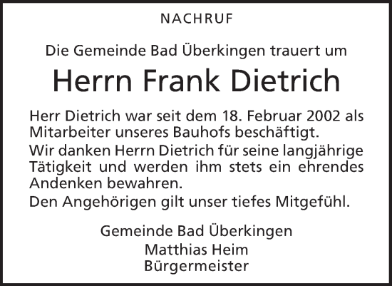 Traueranzeige von Frank Dietrich von Geislinger Zeitung