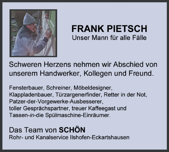 Traueranzeige von Frank Pietsch von Hohenloher Tagblatt