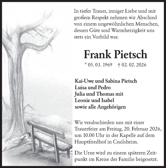 Traueranzeige von Frank Pietsch von Hohenloher Tagblatt