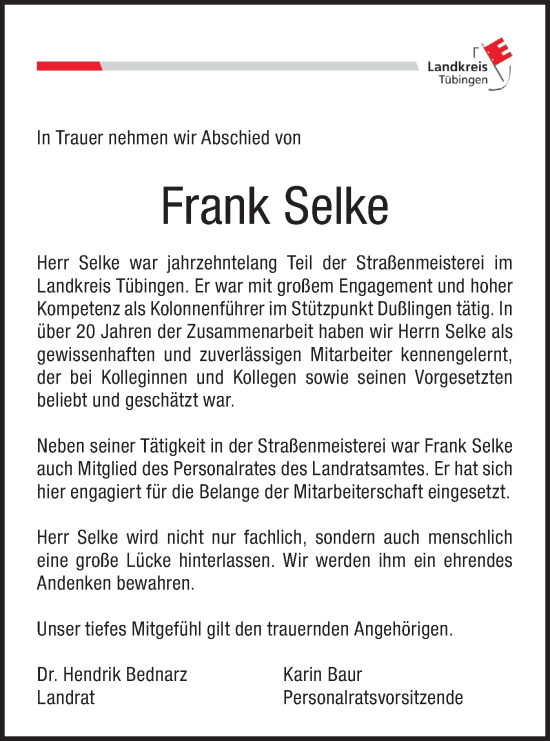 Traueranzeige von Frank Selke von Schwäbische Tagblatt