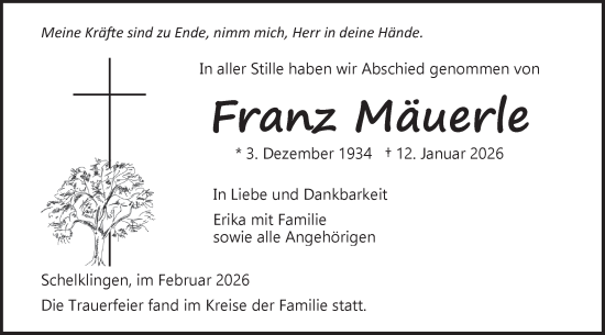 Traueranzeige von Franz Mäuerle von Ehinger Tagblatt