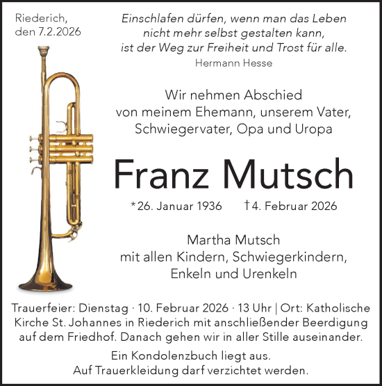 Traueranzeige von Franz Mutsch von Alb-Bote/Metzinger-Uracher Volksblatt