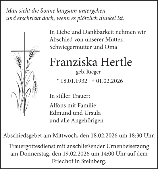 Traueranzeige von Franziska Hertle von SÜDWEST PRESSE Ausgabe Ulm/Neu-Ulm/Ehingen