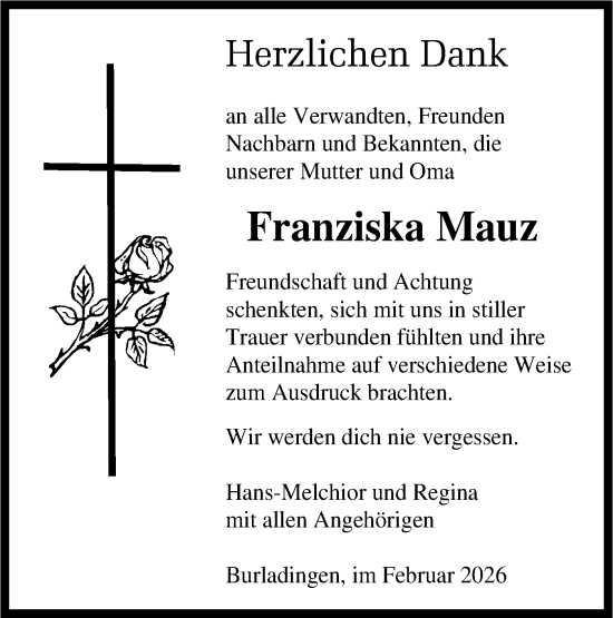 Traueranzeige von Franziska Mauz von SÜDWEST PRESSE Zollernalbkreis