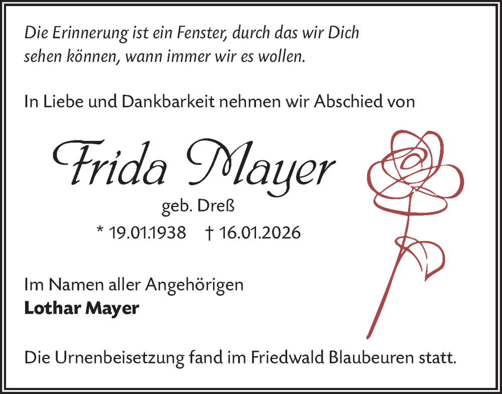  Traueranzeige für Frida Mayer vom 28.02.2026 aus Ehinger Tagblatt