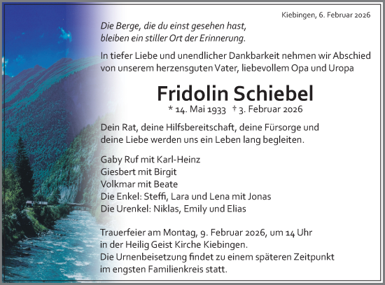 Traueranzeige von Fridolin Schiebel von Schwäbische Tagblatt
