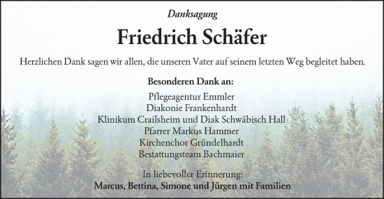 Traueranzeige von Friedrich Schäfer von Hohenloher Tagblatt