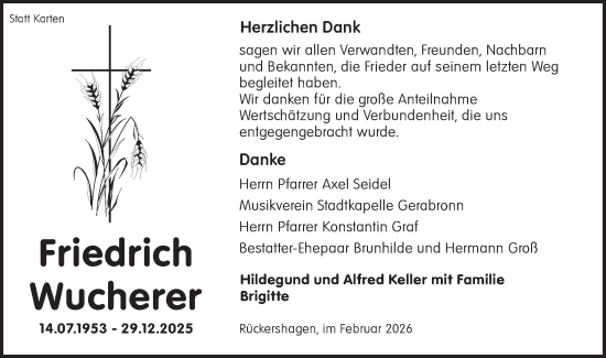 Traueranzeige von Friedrich Wucherer von Hohenloher Tagblatt