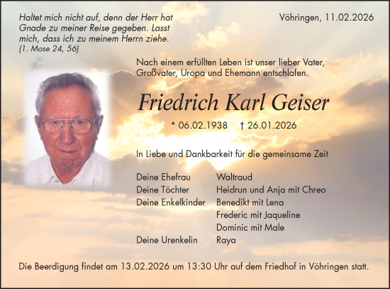 Traueranzeige von Friedrich Karl Geiser von SÜDWEST PRESSE Zollernalbkreis