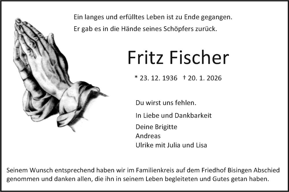  Traueranzeige für Fritz Fischer vom 03.02.2026 aus SÜDWEST PRESSE Zollernalbkreis