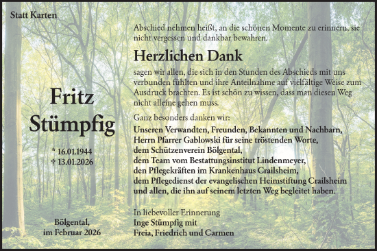 Traueranzeige von Fritz Stümpfig von Hohenloher Tagblatt