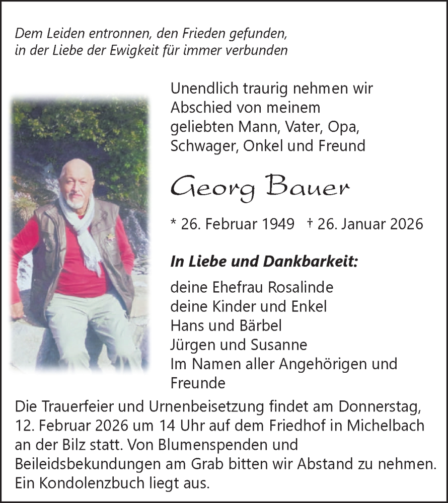  Traueranzeige für Georg Bauer vom 07.02.2026 aus Haller Tagblatt