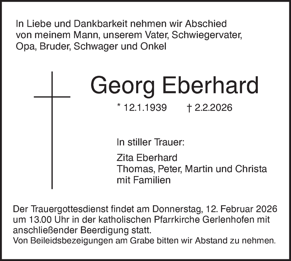  Traueranzeige für Georg Eberhard vom 07.02.2026 aus SÜDWEST PRESSE Ausgabe Ulm/Neu-Ulm/Ehingen
