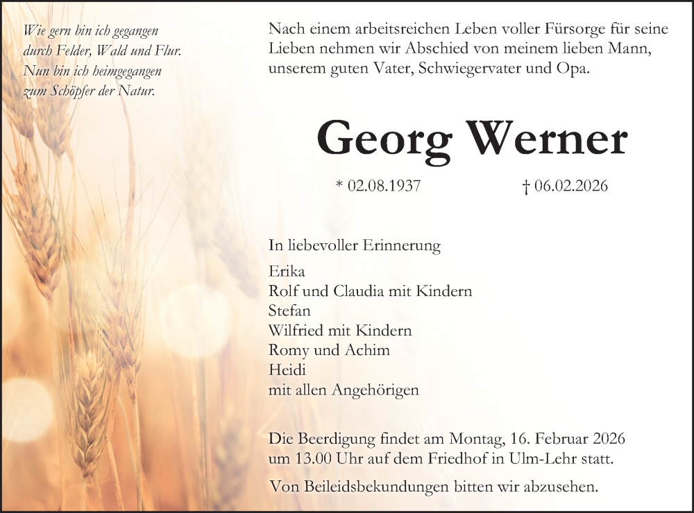  Traueranzeige für Georg Werner vom 12.02.2026 aus SÜDWEST PRESSE Ausgabe Ulm/Neu-Ulm/Ehingen