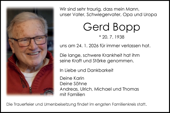 Traueranzeige von Gerd Bopp von SÜDWEST PRESSE Zollernalbkreis/Schwäbische Tagblatt