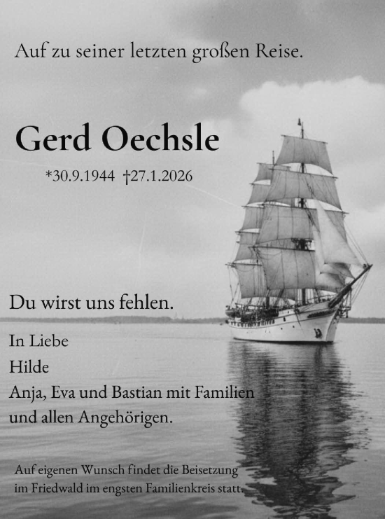 Traueranzeige von Gerd Oechsle von Schwäbische Tagblatt