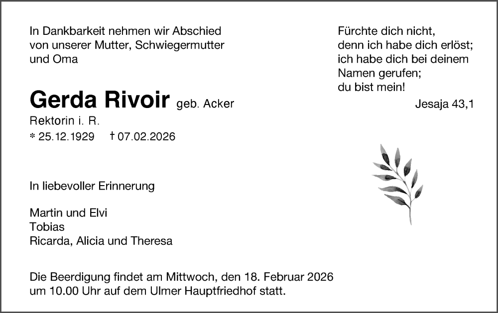  Traueranzeige für Gerda Rivoir vom 14.02.2026 aus SÜDWEST PRESSE Ausgabe Ulm/Neu-Ulm/Ehingen
