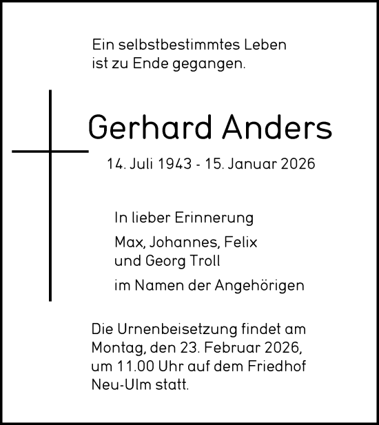 Traueranzeige von Gerhard Anders von SÜDWEST PRESSE Ausgabe Ulm/Neu-Ulm/Ehingen