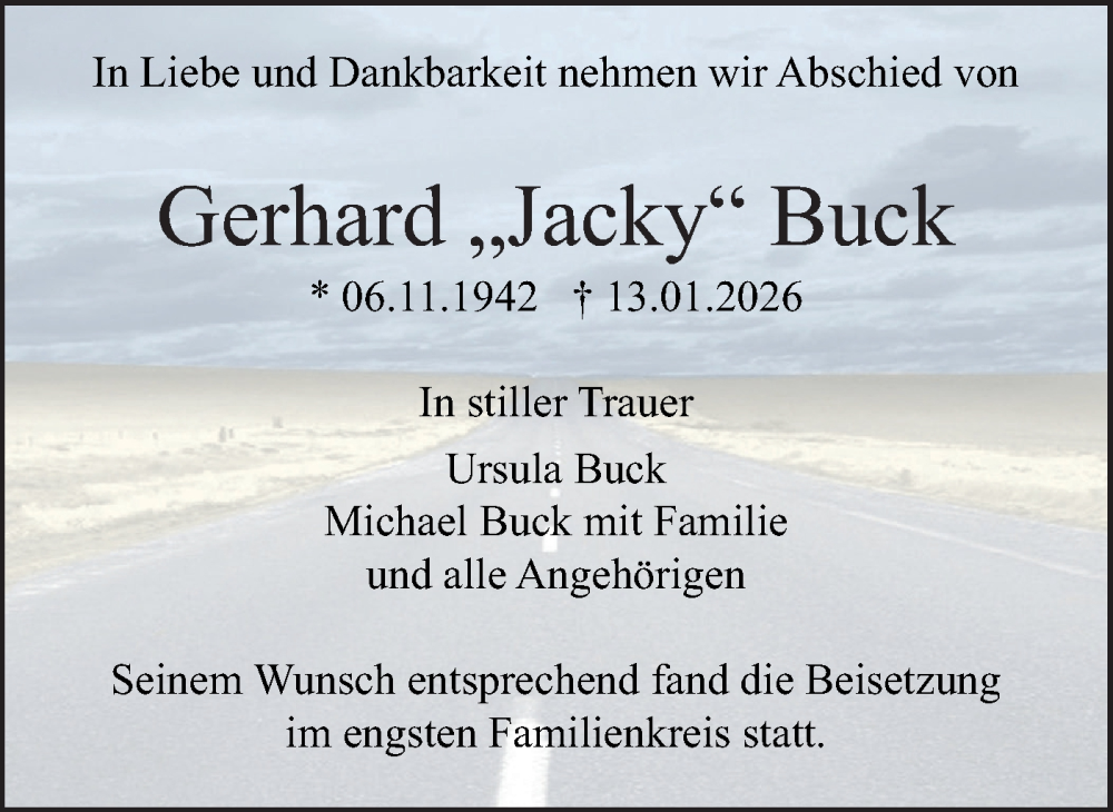  Traueranzeige für Gerhard Buck vom 07.02.2026 aus SÜDWEST PRESSE Ausgabe Ulm/Neu-Ulm/Ehingen