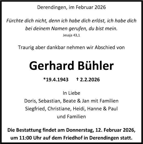 Traueranzeige von Gerhard Bühler von Schwäbische Tagblatt