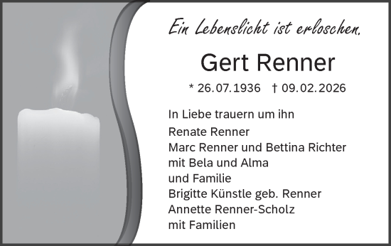 Traueranzeige von Gert Renner von Alb-Bote/Metzinger-Uracher Volksblatt