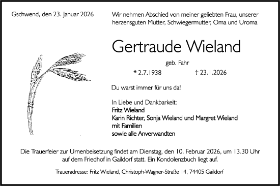 Traueranzeige von Gertraude Wieland von Rundschau Gaildorf