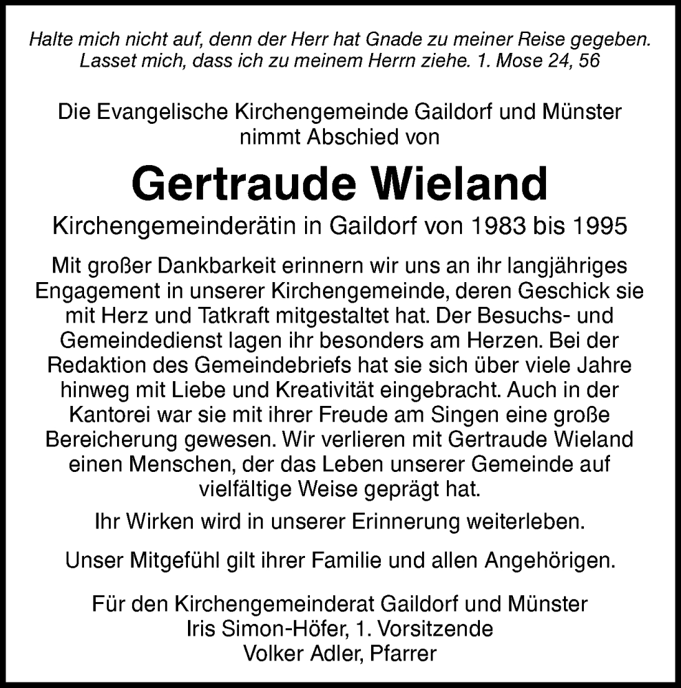  Traueranzeige für Gertraude Wieland vom 10.02.2026 aus Rundschau Gaildorf