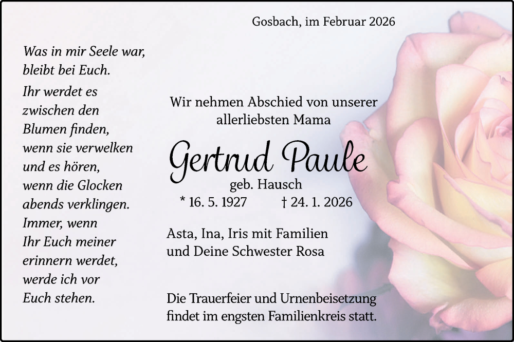  Traueranzeige für Gertrud Paule vom 03.02.2026 aus Geislinger Zeitung