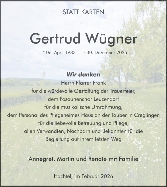 Traueranzeige von Gertrud Wügner von Hohenloher Tagblatt