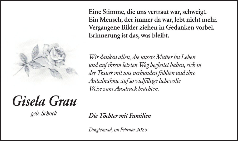  Traueranzeige für Gisela Grau vom 07.02.2026 aus Rundschau Gaildorf