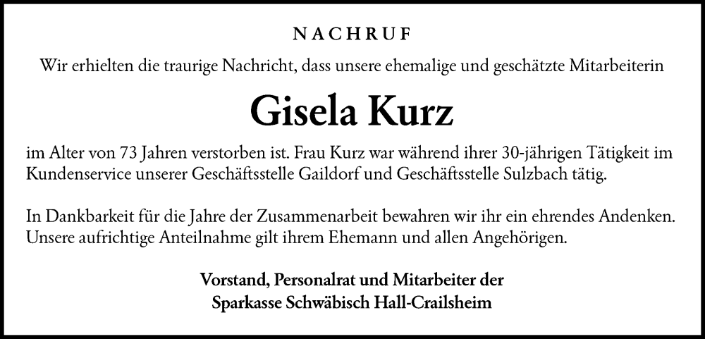  Traueranzeige für Gisela Kurz vom 14.02.2026 aus Hohenloher Tagblatt/Haller Tagblatt