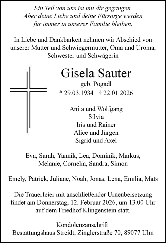 Traueranzeige von Gisela Sauter von SÜDWEST PRESSE Ausgabe Ulm/Neu-Ulm/Ehingen